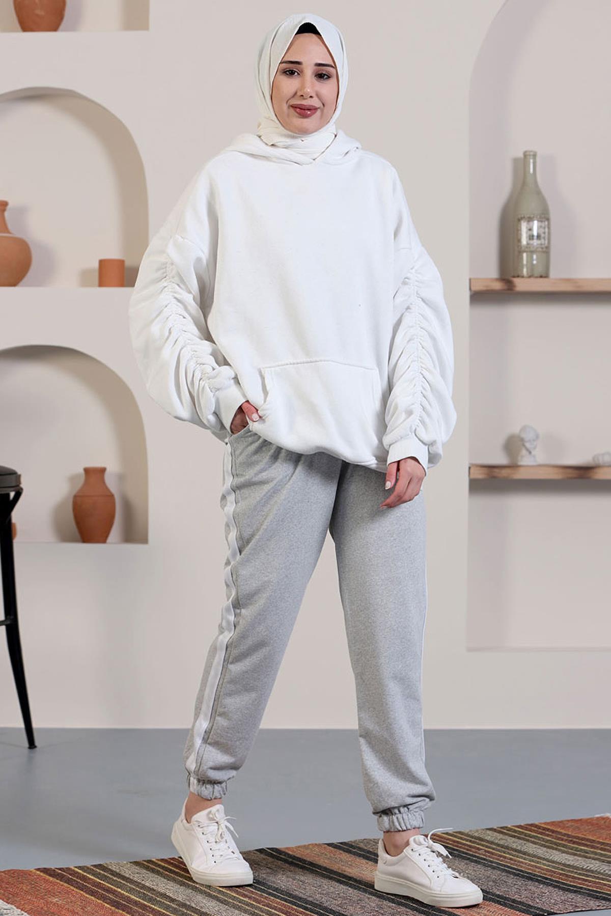 Tesettür Kalın Şeritli Eşofman Altı GriHM0098