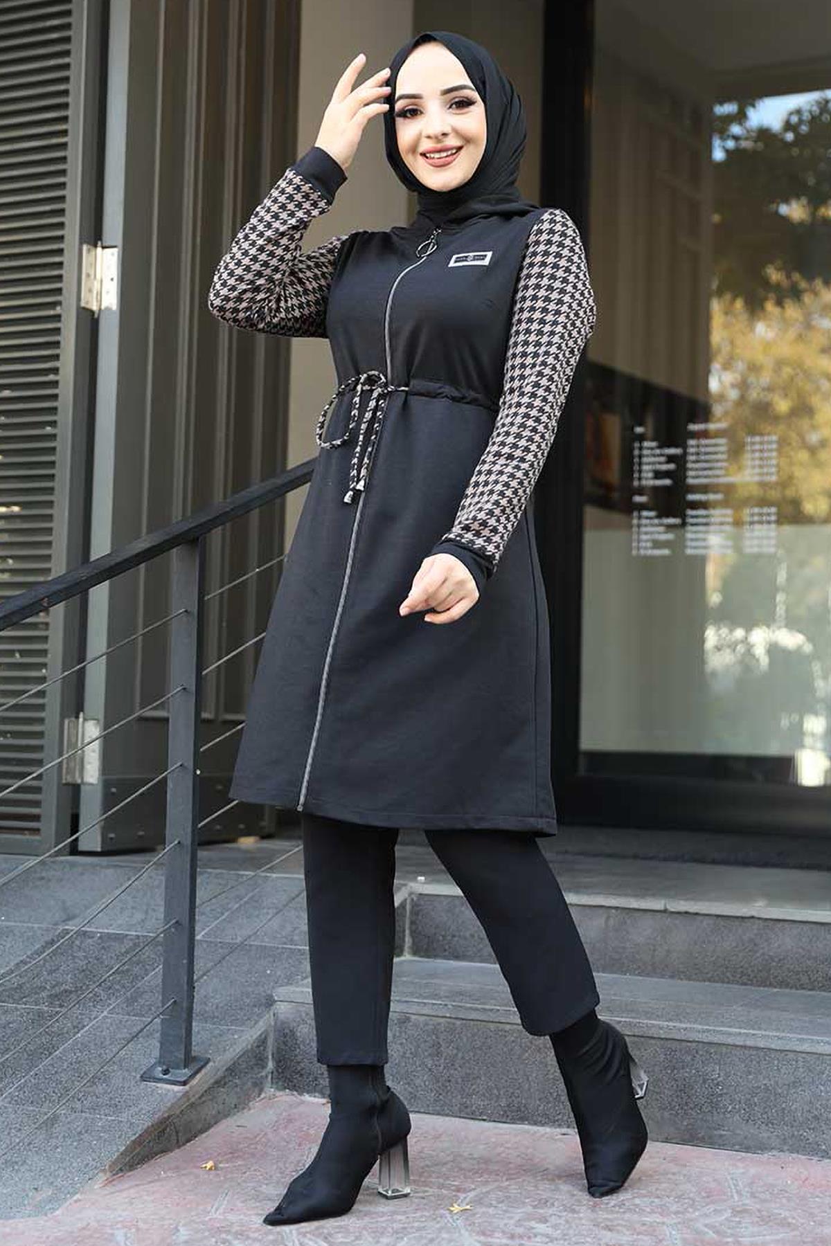 Tesettür Kapüşonlu Garnili Kap VizonHM4003