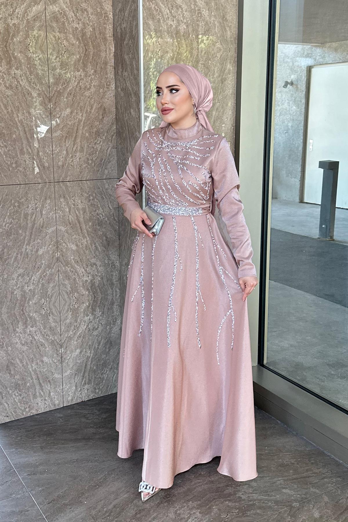 Tesettür Karsu Krep Saten Abiye GülLP6076