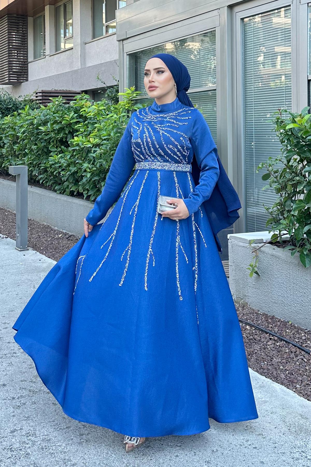 Tesettür Karsu Krep Saten Abiye IndigoLP6076