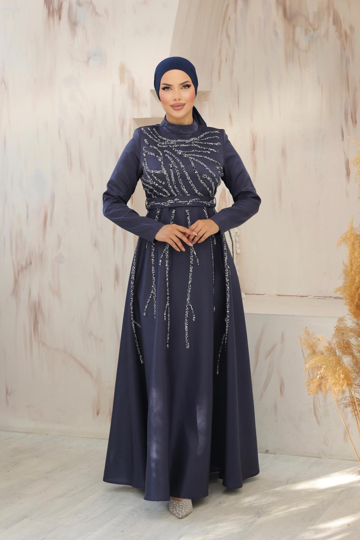 Tesettür Karsu Krep Saten Abiye LacivertLP6076