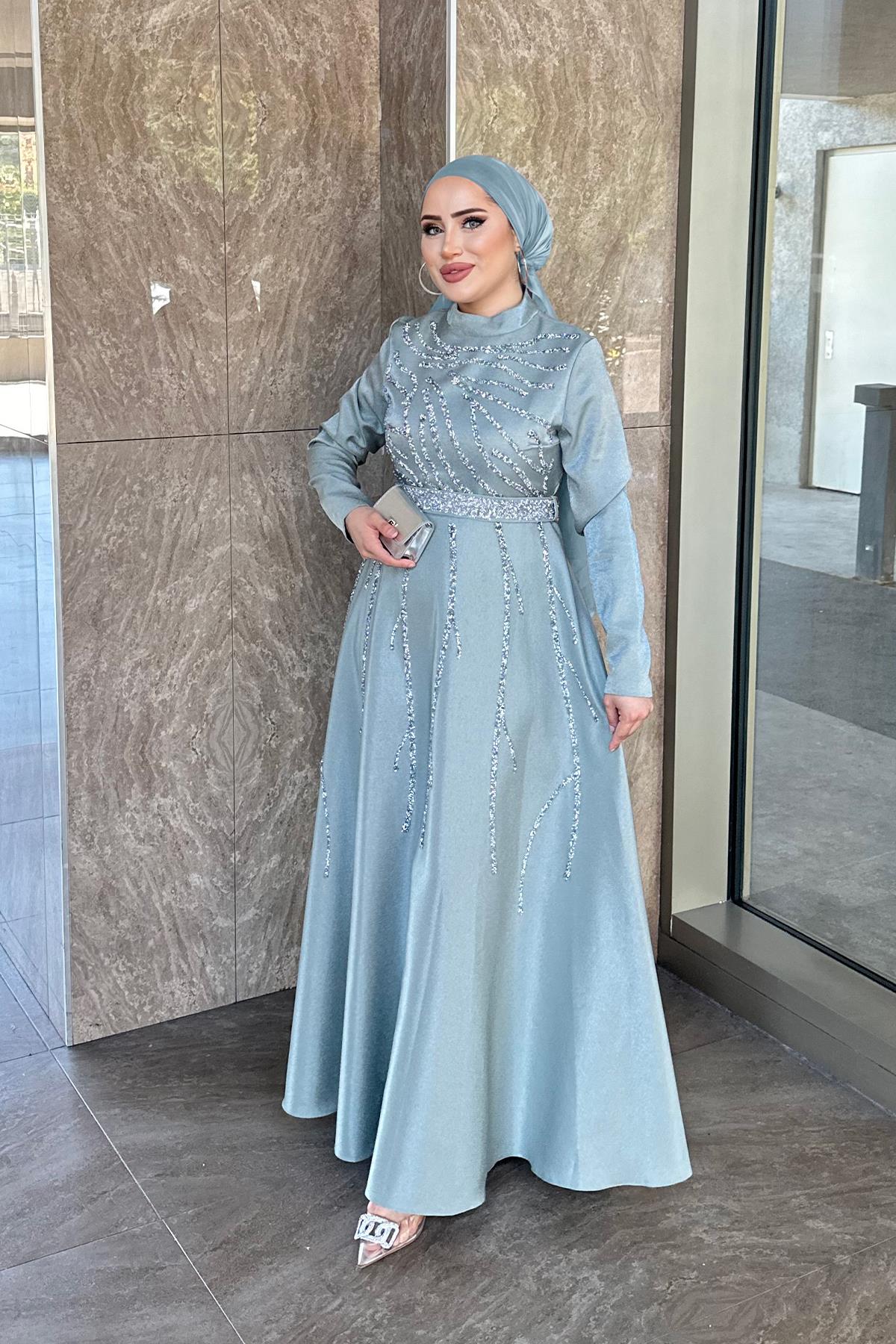 Tesettür Karsu Krep Saten Abiye Mint YeşiliLP6076