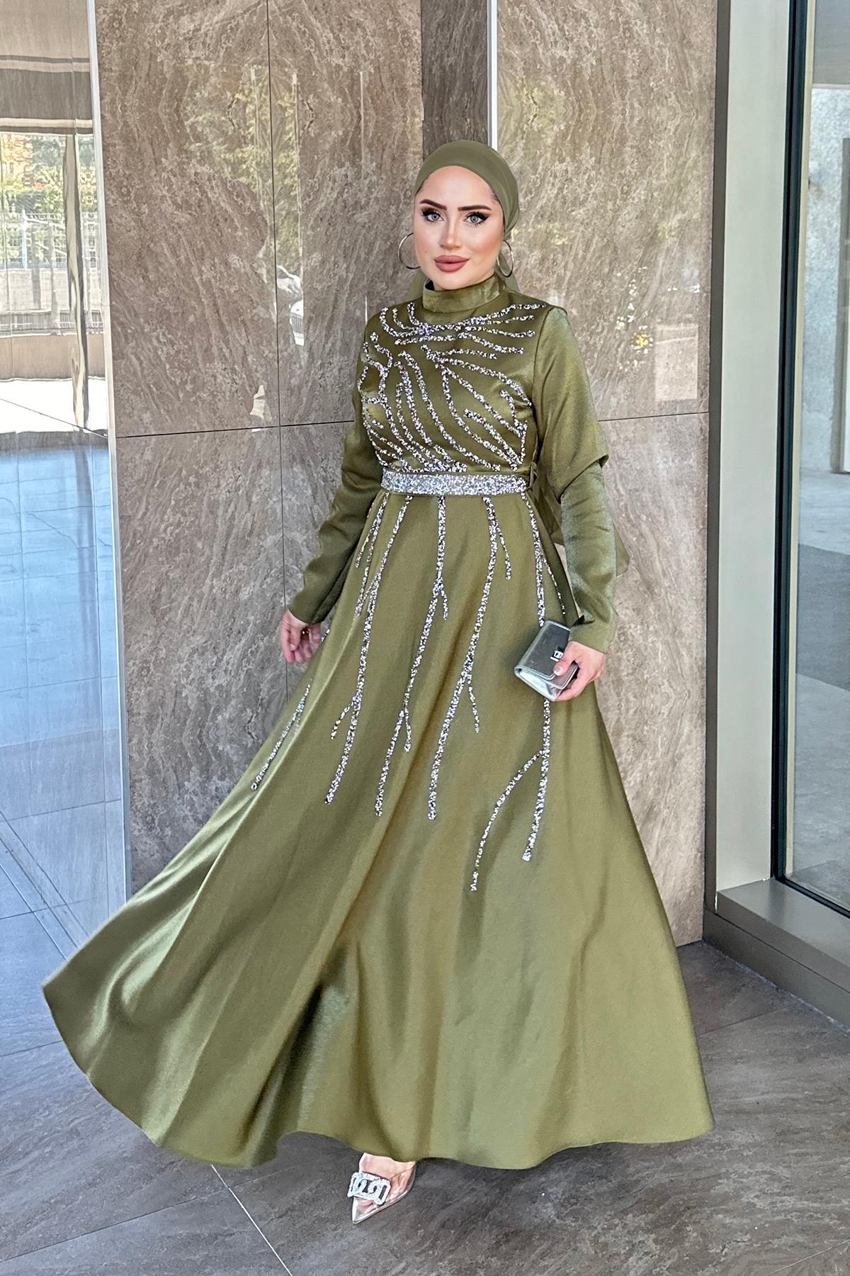 Tesettür Karsu Krep Saten Abiye Zeytin YeşiliLP6076
