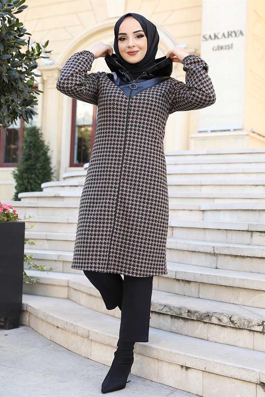 Tesettür Kazayağı Desen Fermuarlı Kap VizonHM4001