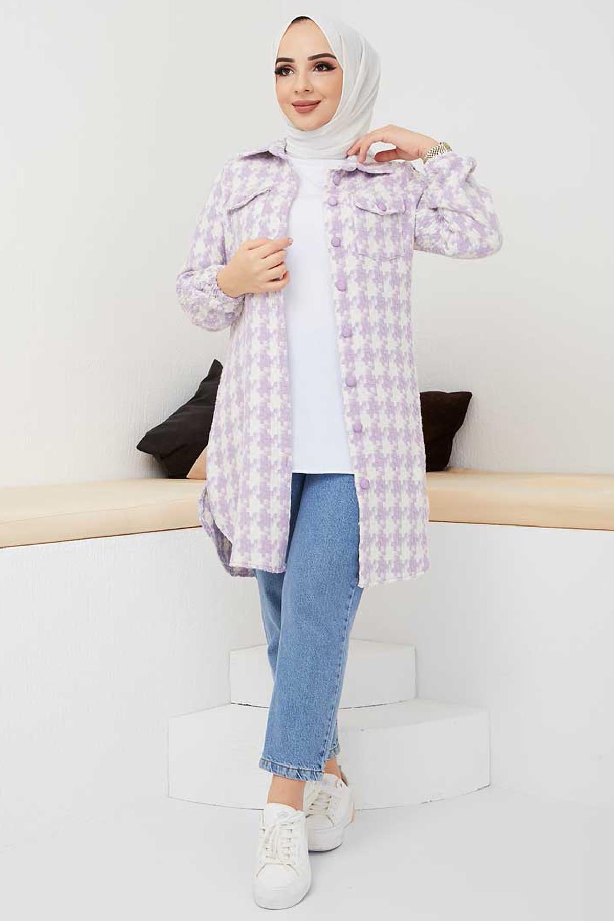 Tesettür Kelebek Desenli Tunik LilaHM4008