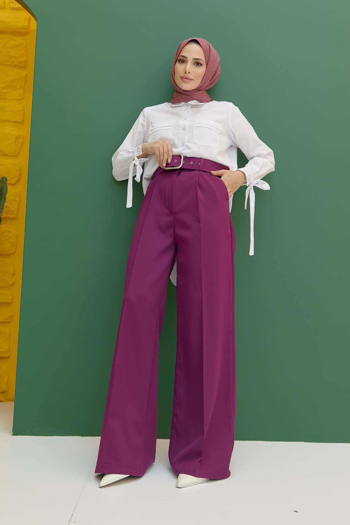 Tesettür Kemerli Pileli Pantolon MürdümHM1842