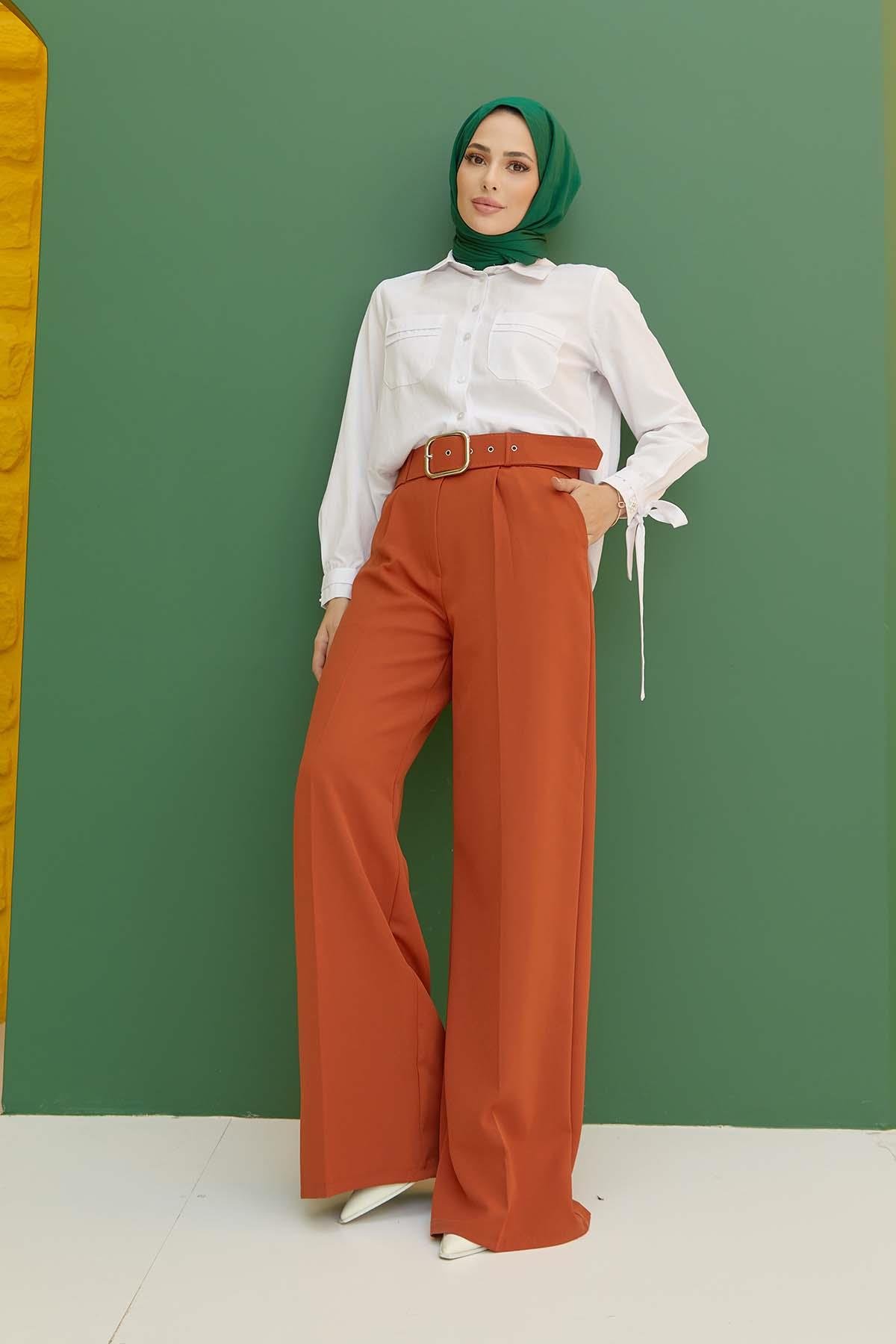 Tesettür Kemerli Pileli Pantolon OranjHM1842