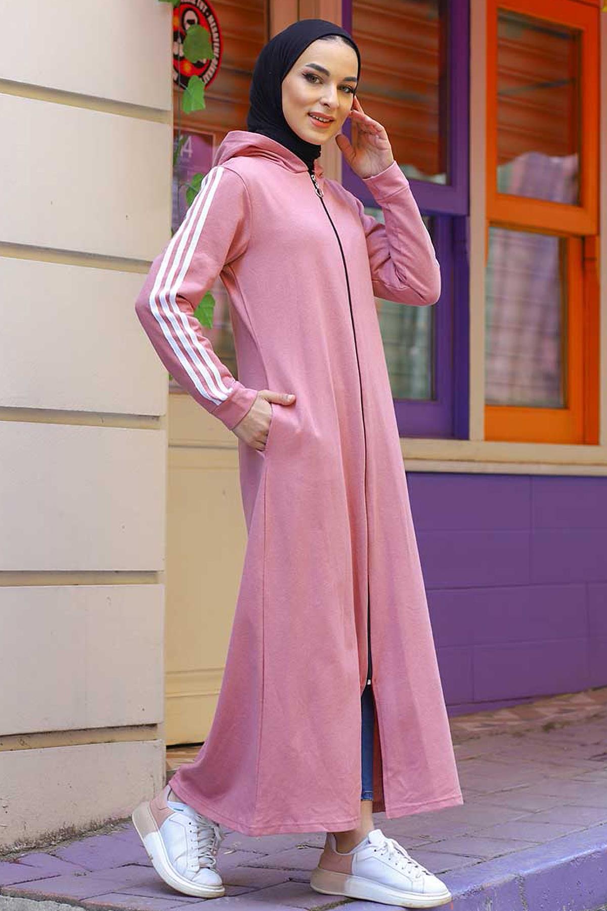 Tesettür Kolları Şeritli Kapüşonlu Ferace Gül KurusuHM0115