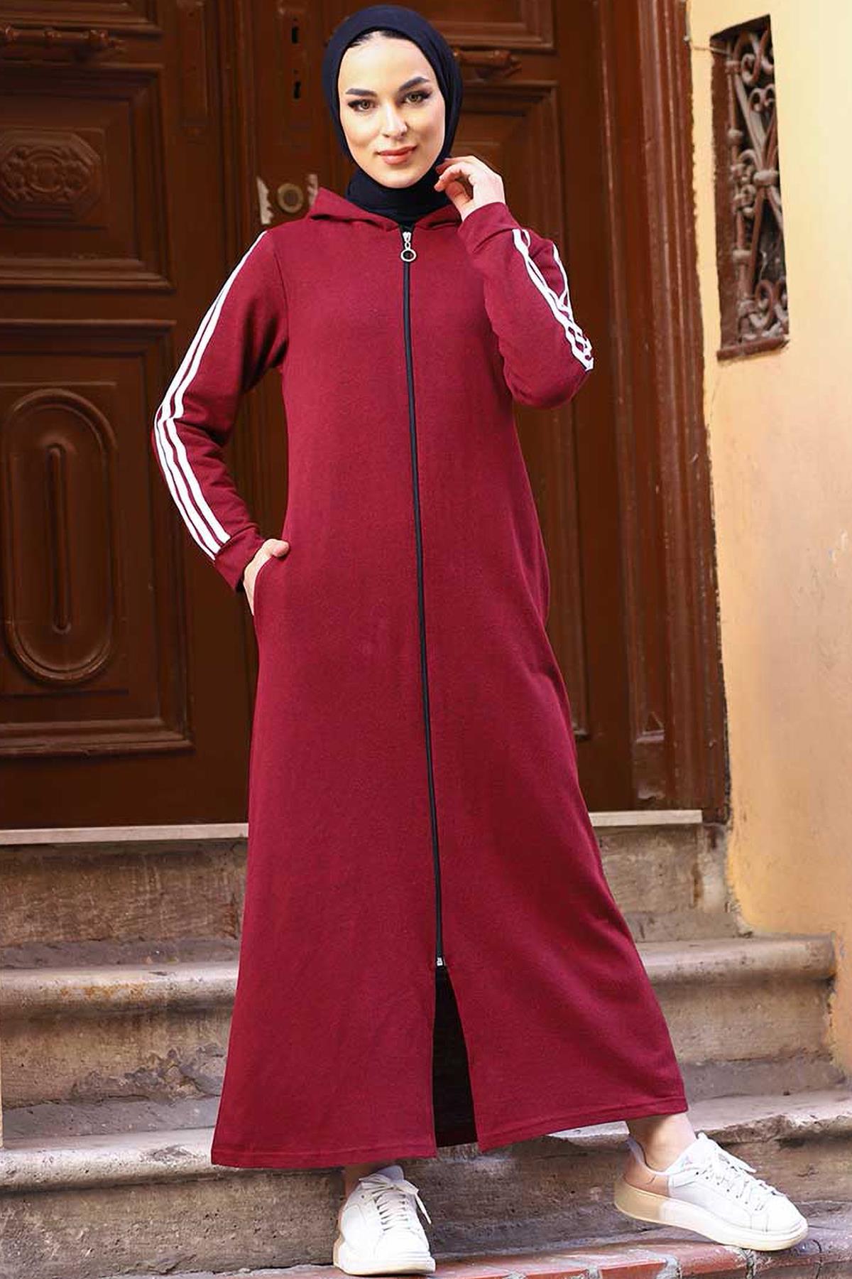 Tesettür Kolları Şeritli Kapüşonlu Ferace BordoHM0115