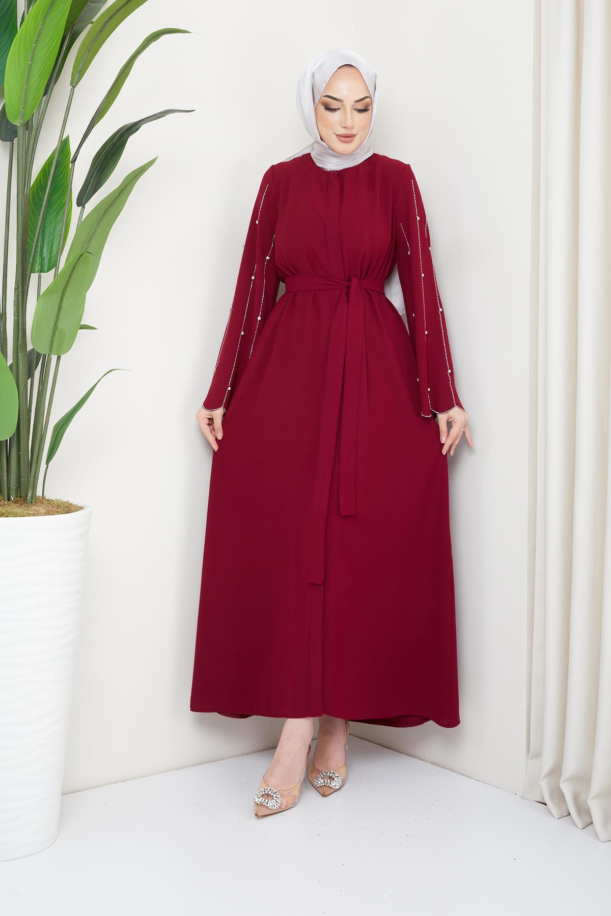 Tesettür Kolları Taş Süslemeli, Düğmeli Krep Elbise BordoHM4191-1