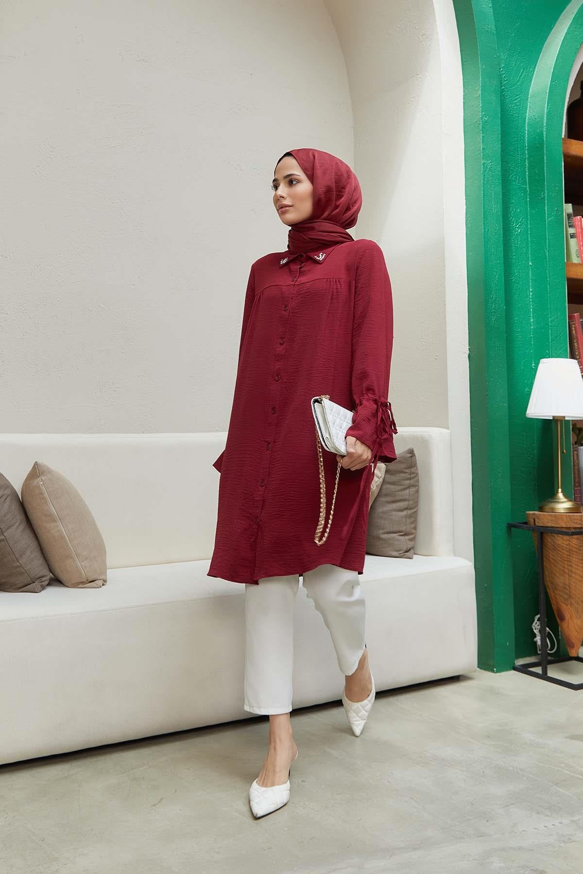 Tesettür Kolu Bağcıklı Düğmeli Tunik BordoHM4031