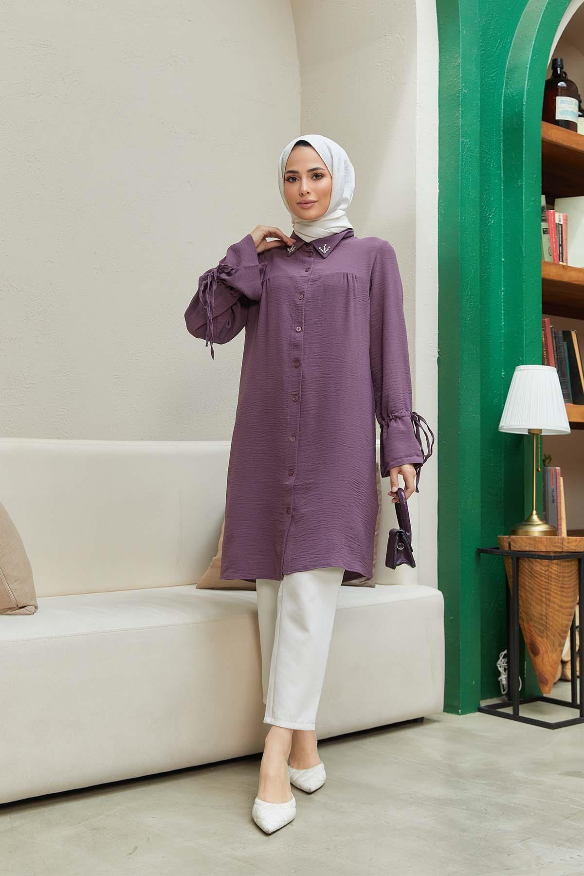 Tesettür Kolu Bağcıklı Düğmeli Tunik LilaHM4031