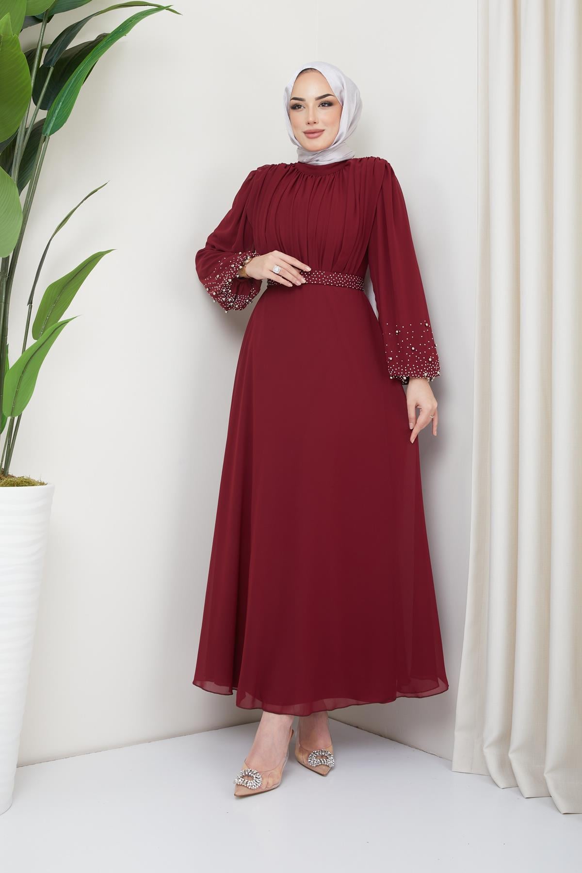 Tesettür Kolu Taş Süslemeli Şifon Abiye BordoHM4163