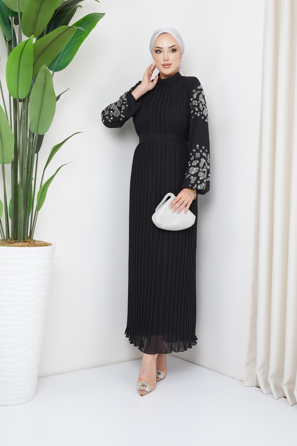 Tesettür Kolu Taşlı Piliseli Şifon Abiye SiyahHM2006-1