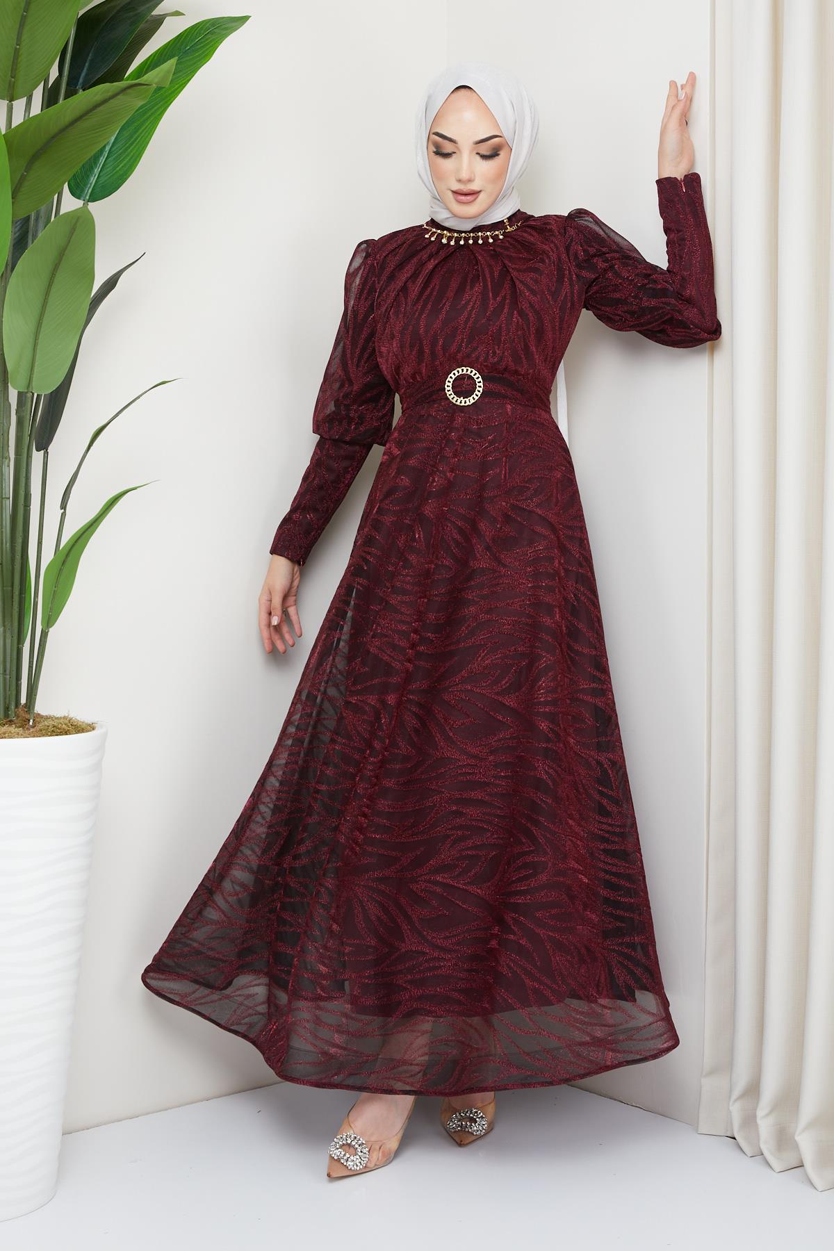 Tesettür Kolye Detaylı, Organze Abiye BordoHM4216