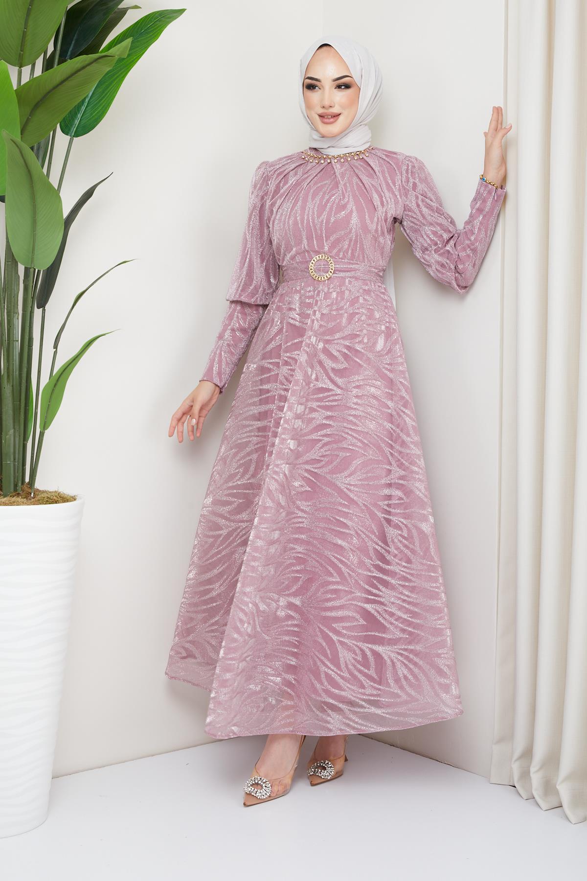 Tesettür Kolye Detaylı, Organze Abiye PudraHM4216