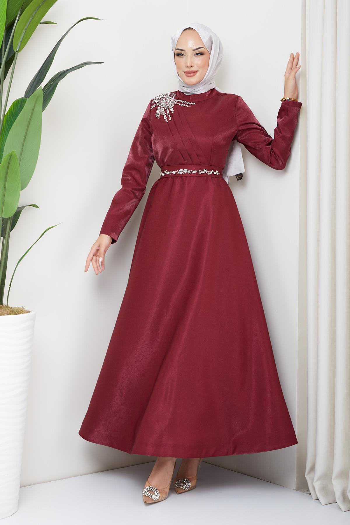 Tesettür Krep Saten Abiye BordoHM4215