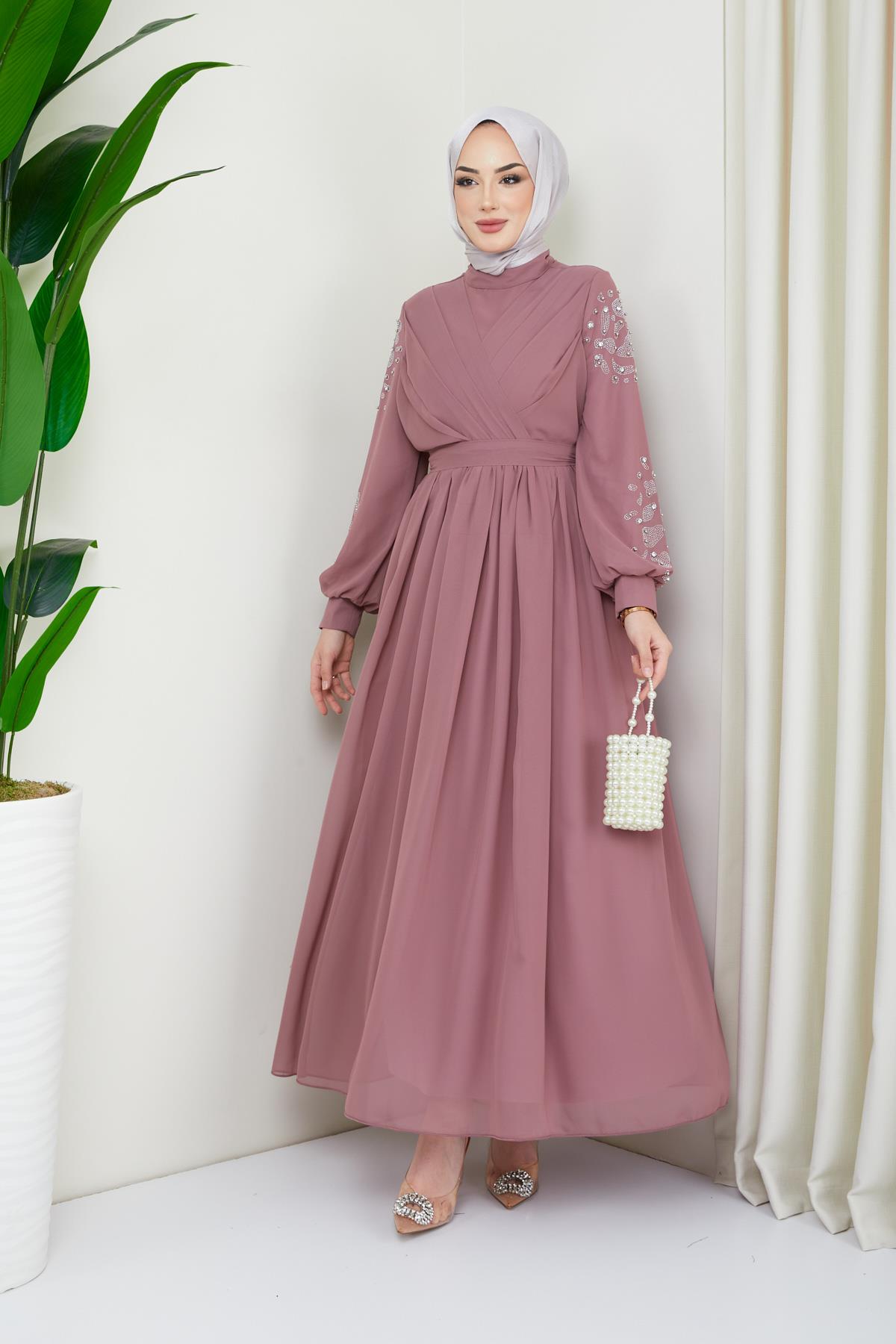 Tesettür Kruvaze Pilise, Kolları Taşlı Şifon Abiye GülHM4192