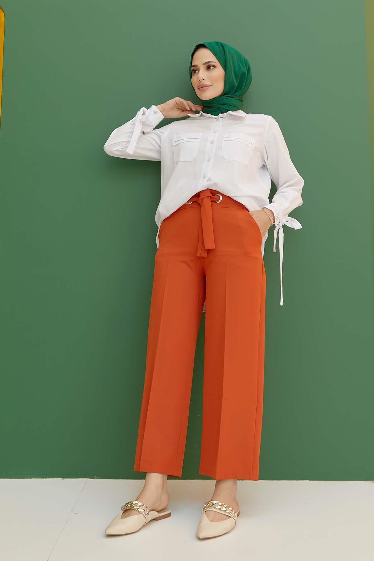 Tesettür Kuşgözü Detaylı Cepli Pantolon OranjHM1843