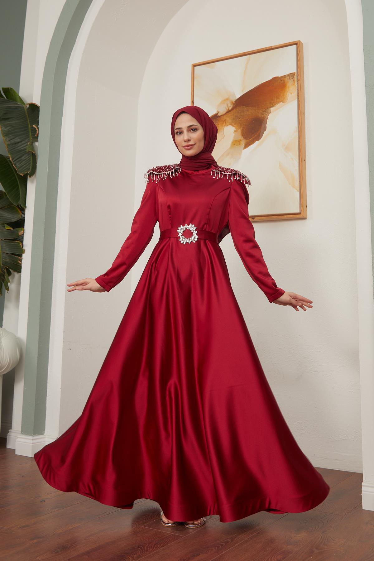 Tesettür Lapeni Saten Abiye BordoHM4129-1