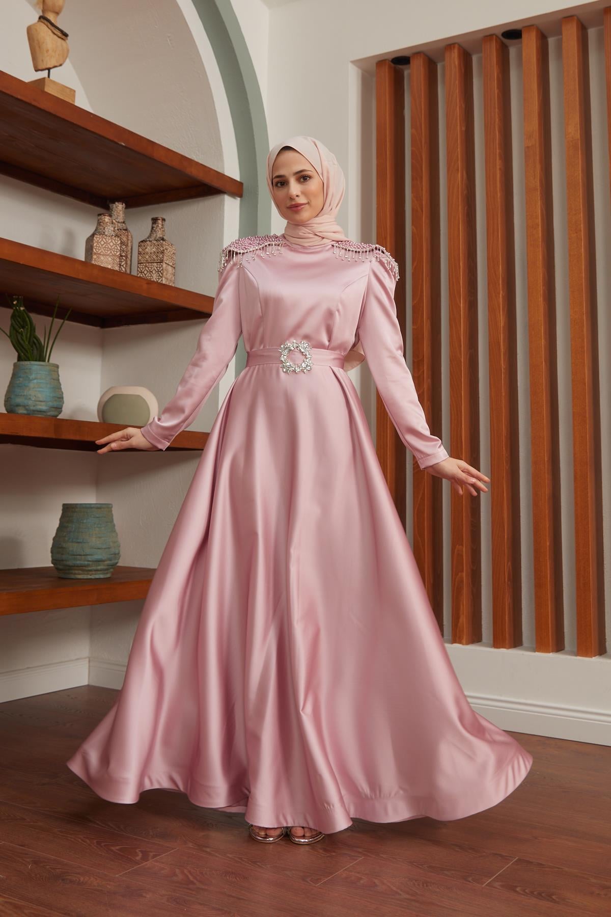 Tesettür Lapeni Saten Abiye PudraHM4129-1