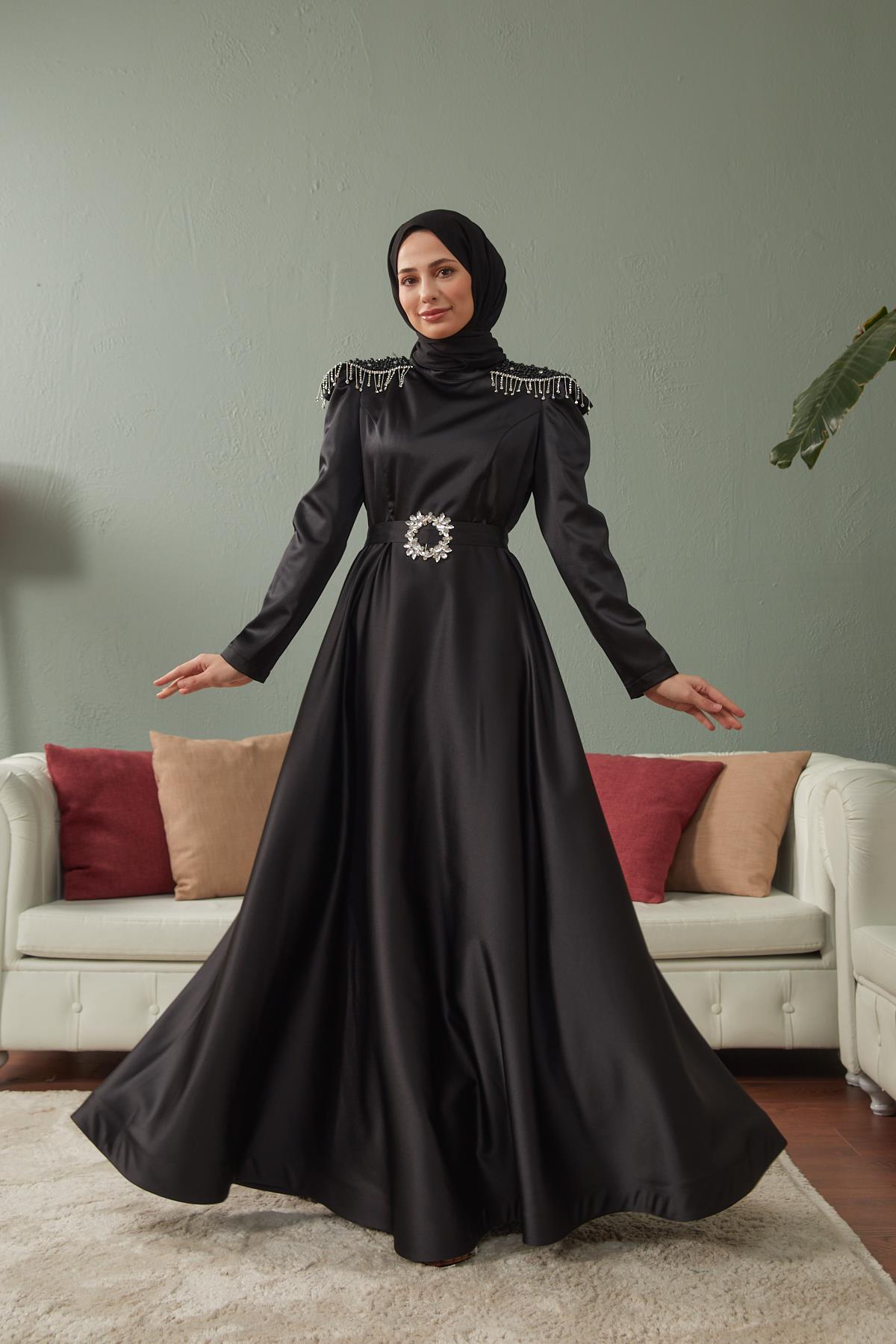 Tesettür Lapeni Saten Abiye SiyahHM4129-1