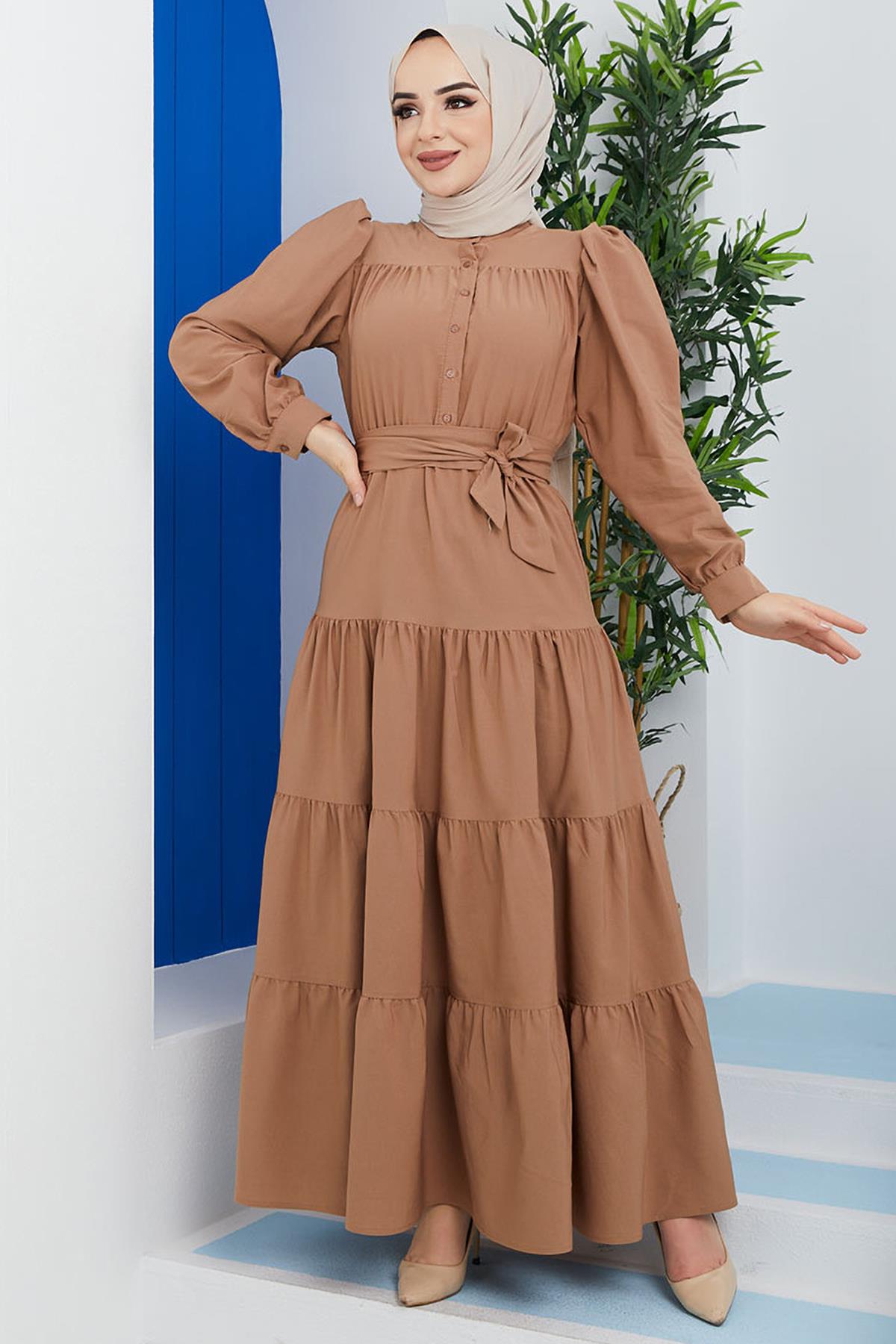 Tesettür Lara Büzgülü Elbise CamelHM28545