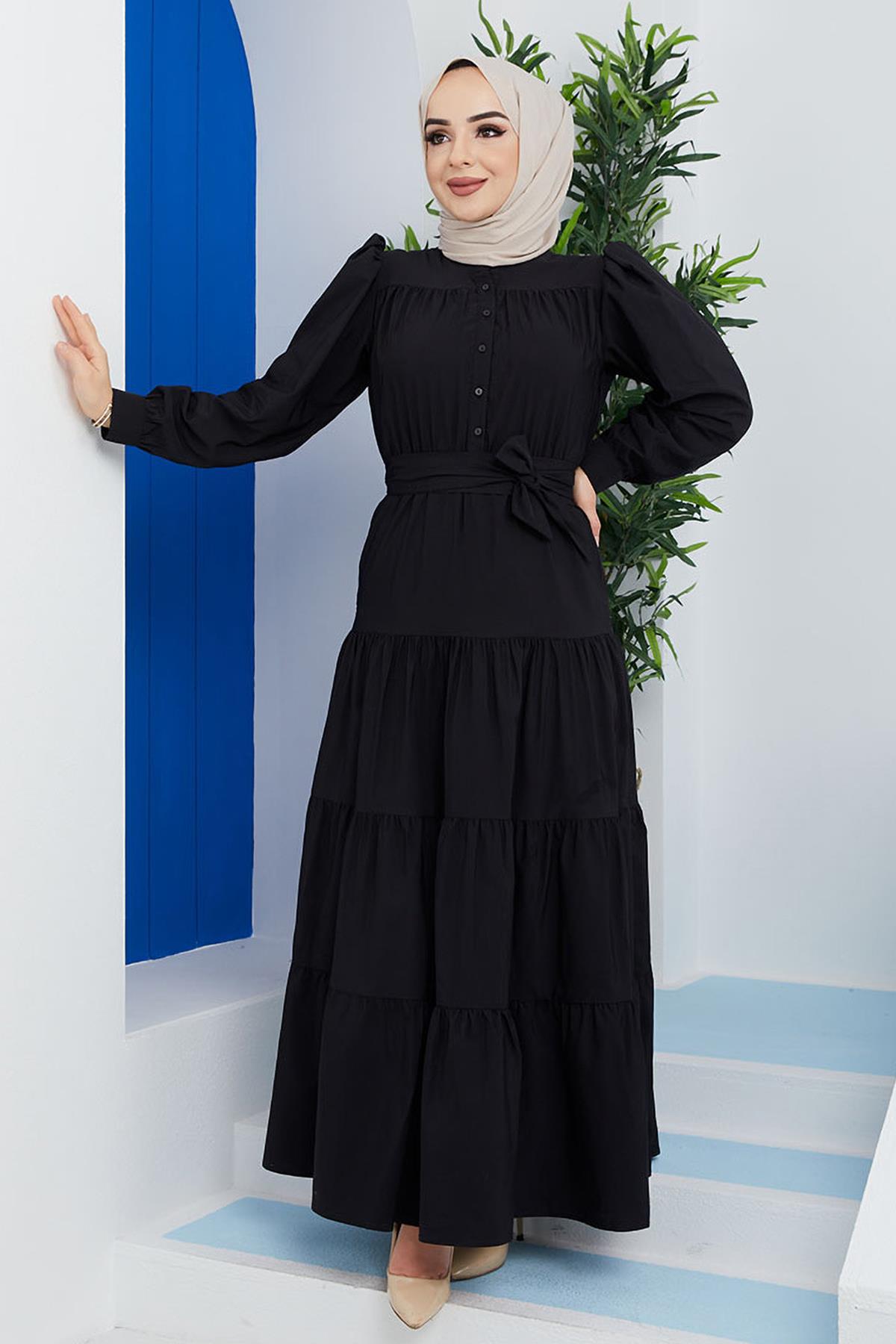 Tesettür Lara Büzgülü Elbise SiyahHM28545