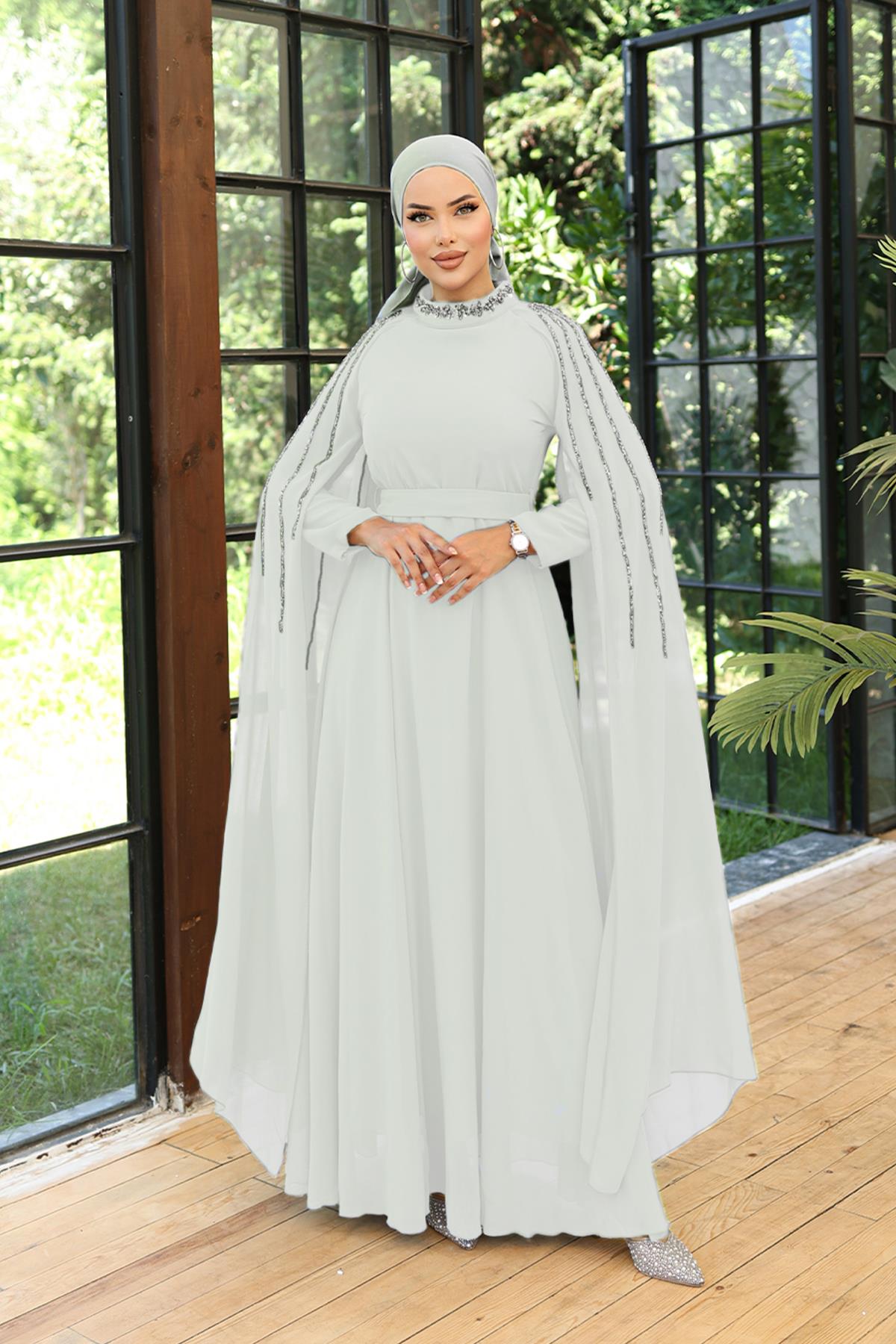 Tesettür Laren Şifon Abiye BeyazLP6088