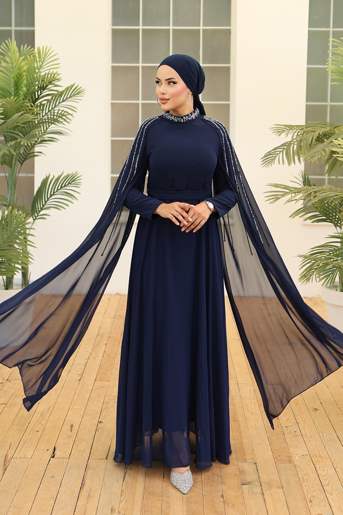 Tesettür Laren Şifon Abiye LacivertLP6088