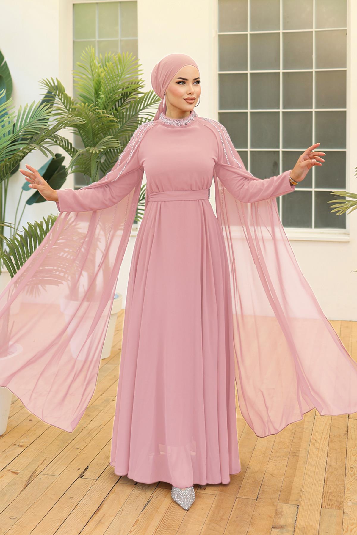 Tesettür Laren Şifon Abiye PudraLP6088