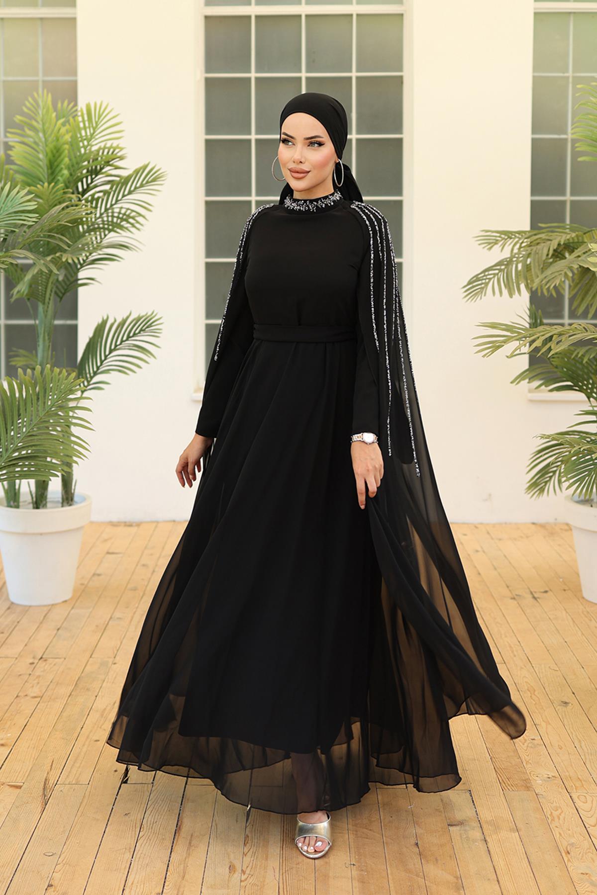Tesettür Laren Şifon Abiye SiyahLP6088