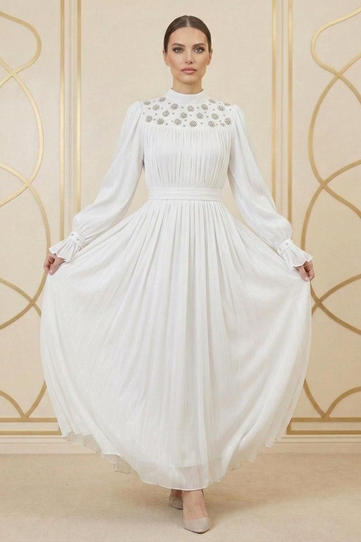 Tesettür LARİNA Işıltı Şifon Abiye BeyazLP6370