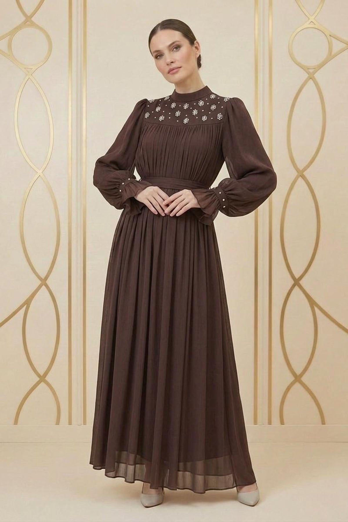 Tesettür LARİNA Işıltı Şifon Abiye KahveLP6370