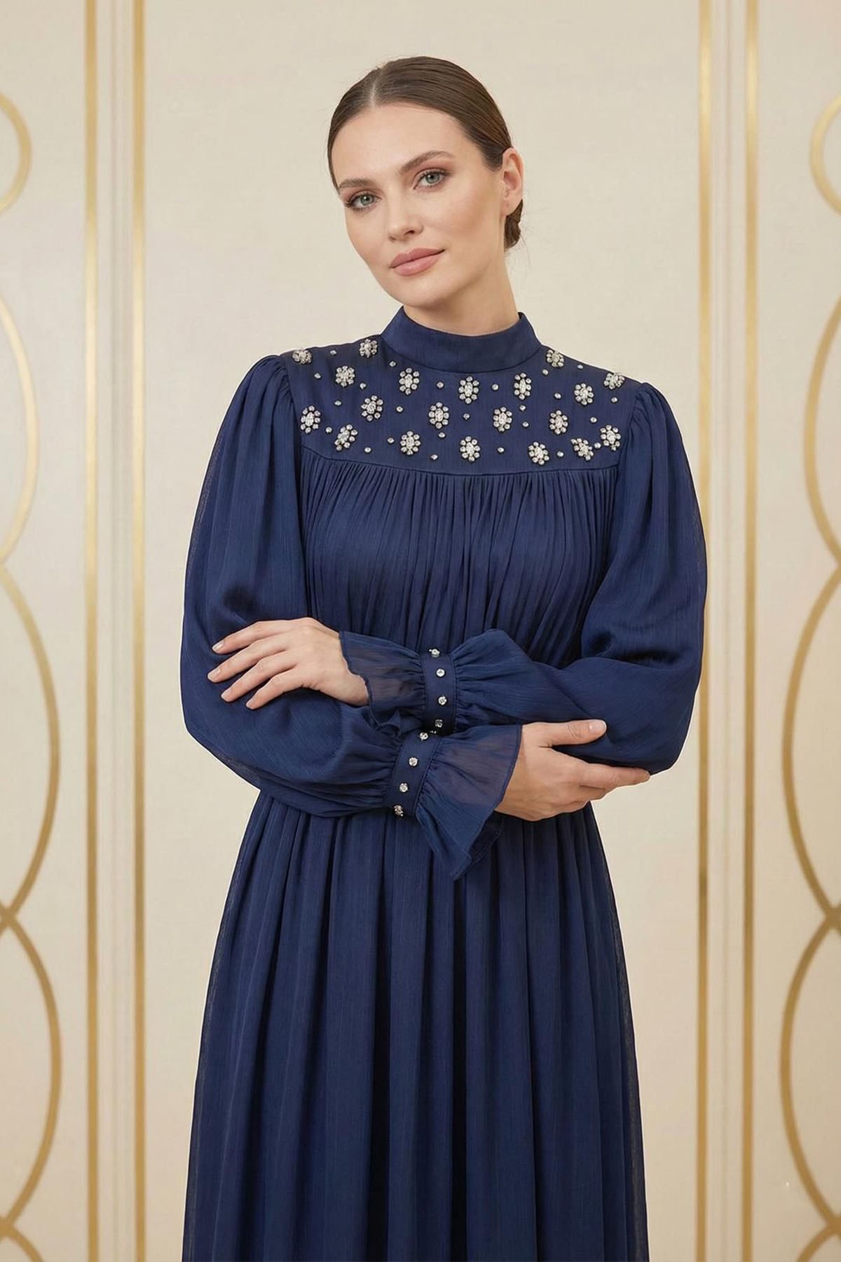 Tesettür LARİNA Işıltı Şifon Abiye LacivertLP6370