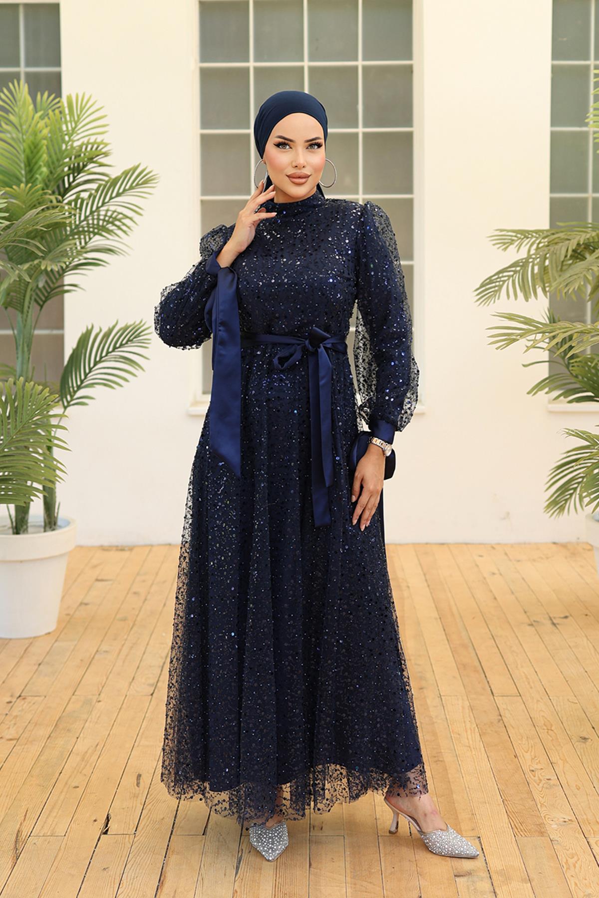 Tesettür Larissa Boncuklu Tül Abiye LacivertLP5015