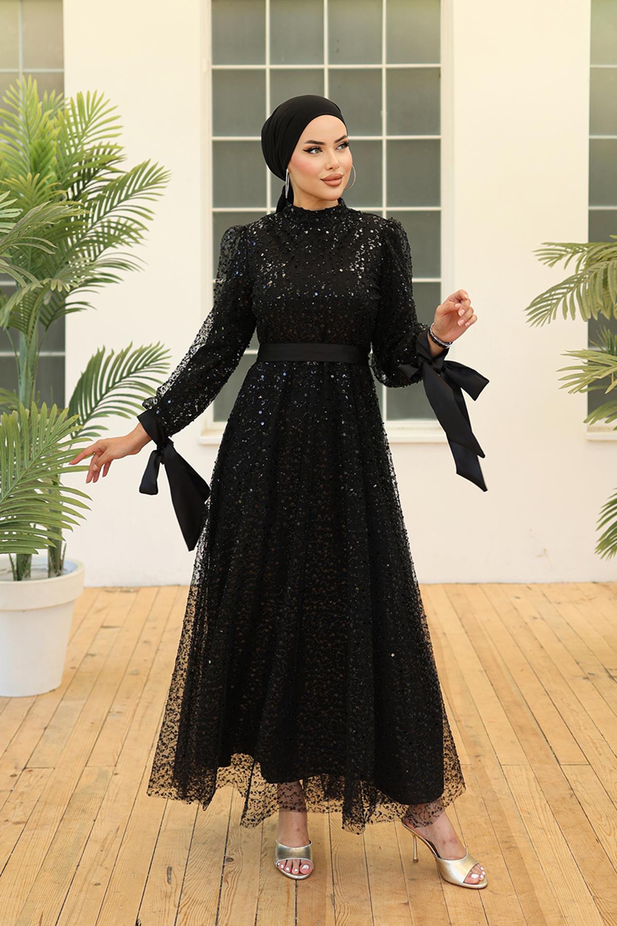 Tesettür Larissa Boncuklu Tül Abiye SiyahLP5015