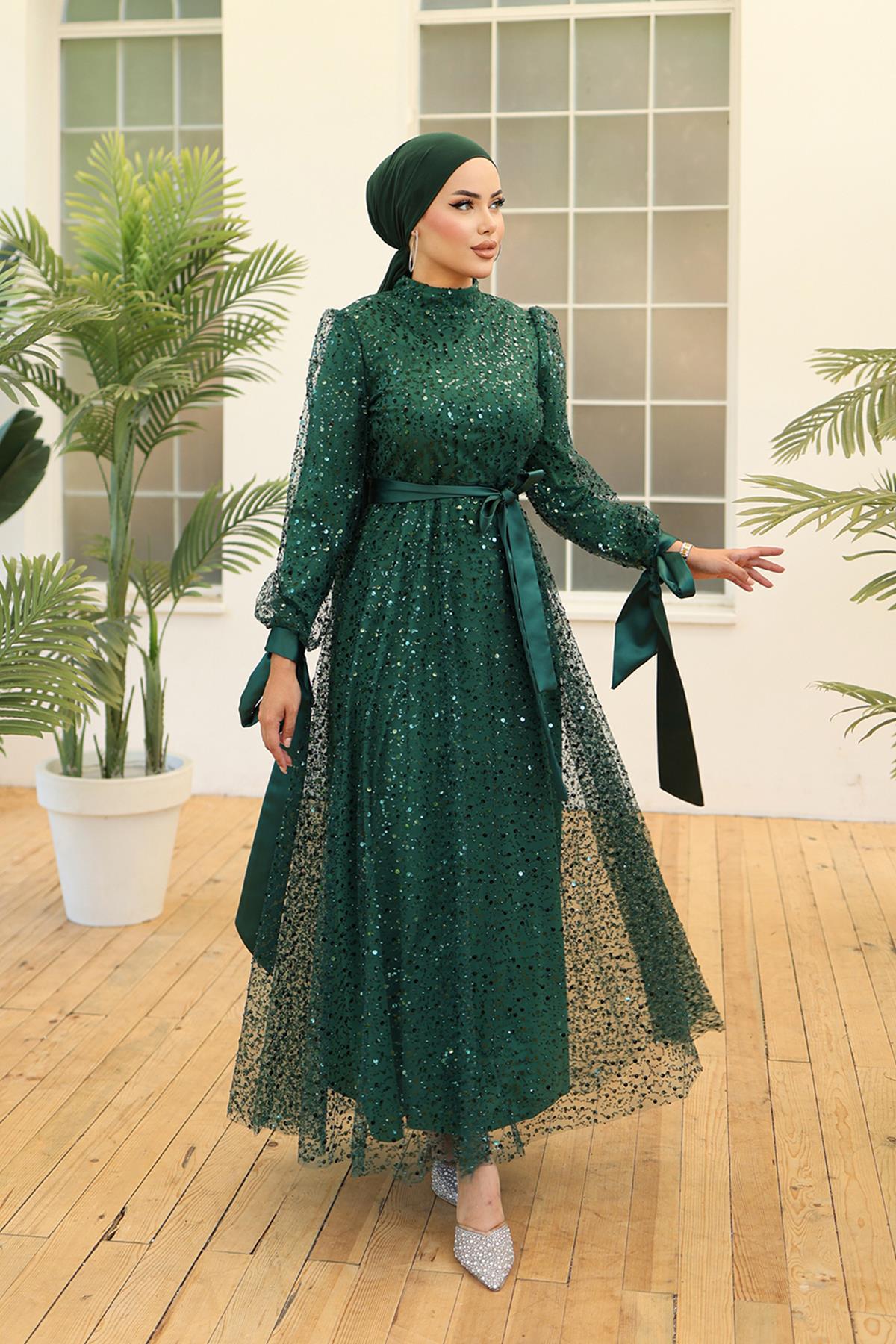 Tesettür Larissa Boncuklu Tül Abiye Zümrüt YeşiliLP5015