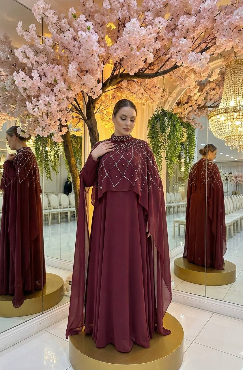 Tesettür LAVİN Büyük Beden Şifon Abiye BordoLP6378