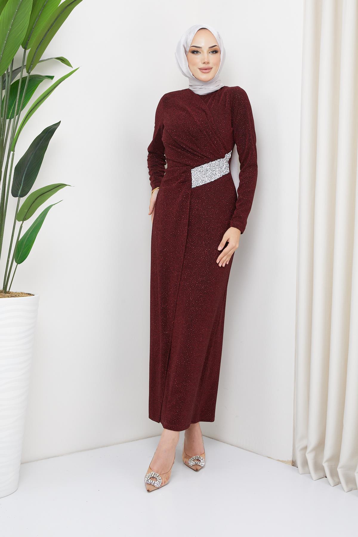 Hijab Linda Glitter Stone Pencil Evening Dress Claret RedHM2004-1