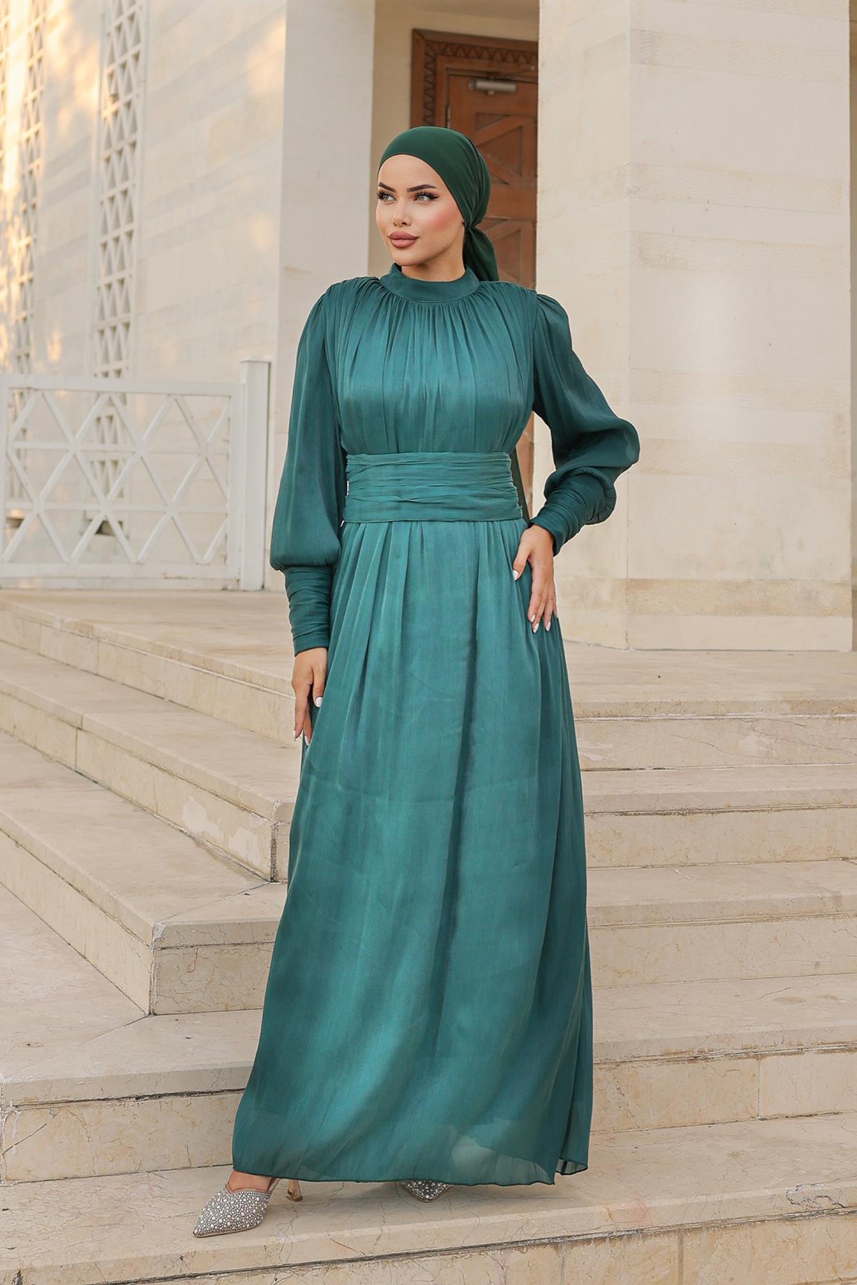 Tesettür Liya Işıltı Abiye Zümrüt YeşiliLP6086