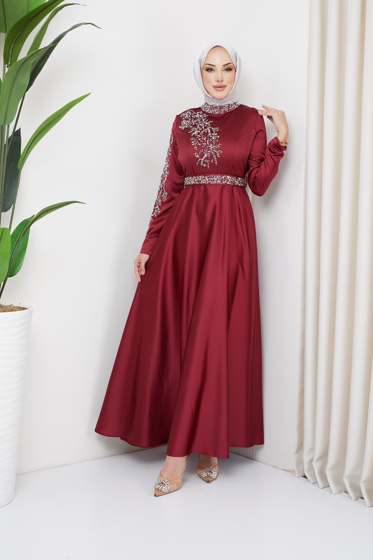 Hijab Liya Mech Embellished Satin Evening Dress Claret RedHM2009