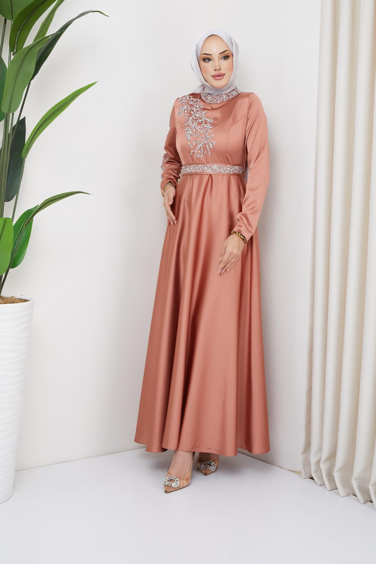 Hijab Liya Mech Embellished Satin Evening Dress SalmonHM2009