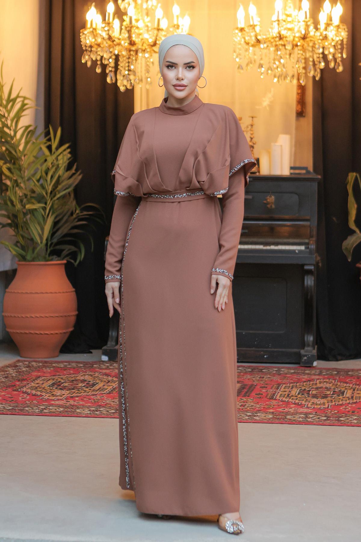 Tesettür Lotus Krep Elbise TabaLP6018