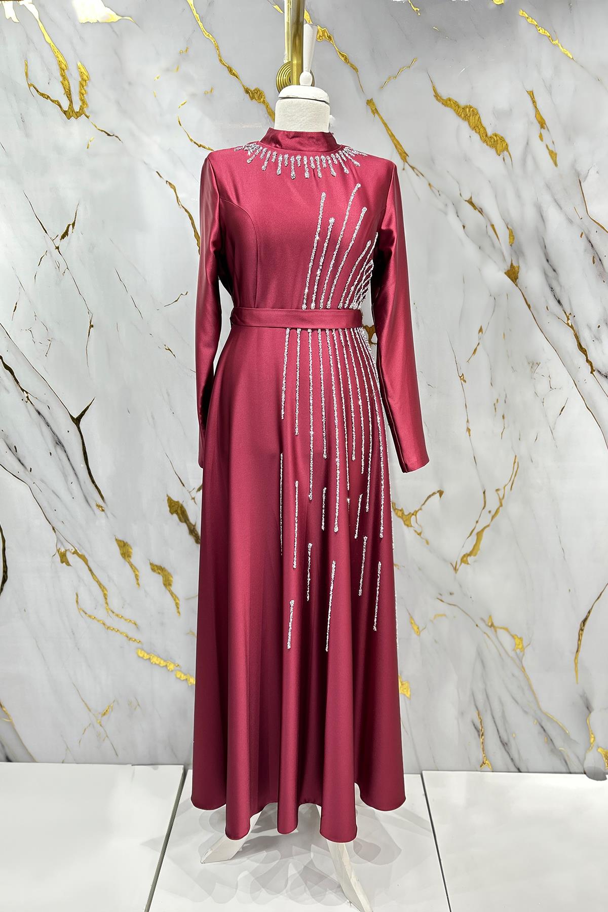 Tesettür Loya Büyük Beden Saten Abiye BordoLP6141
