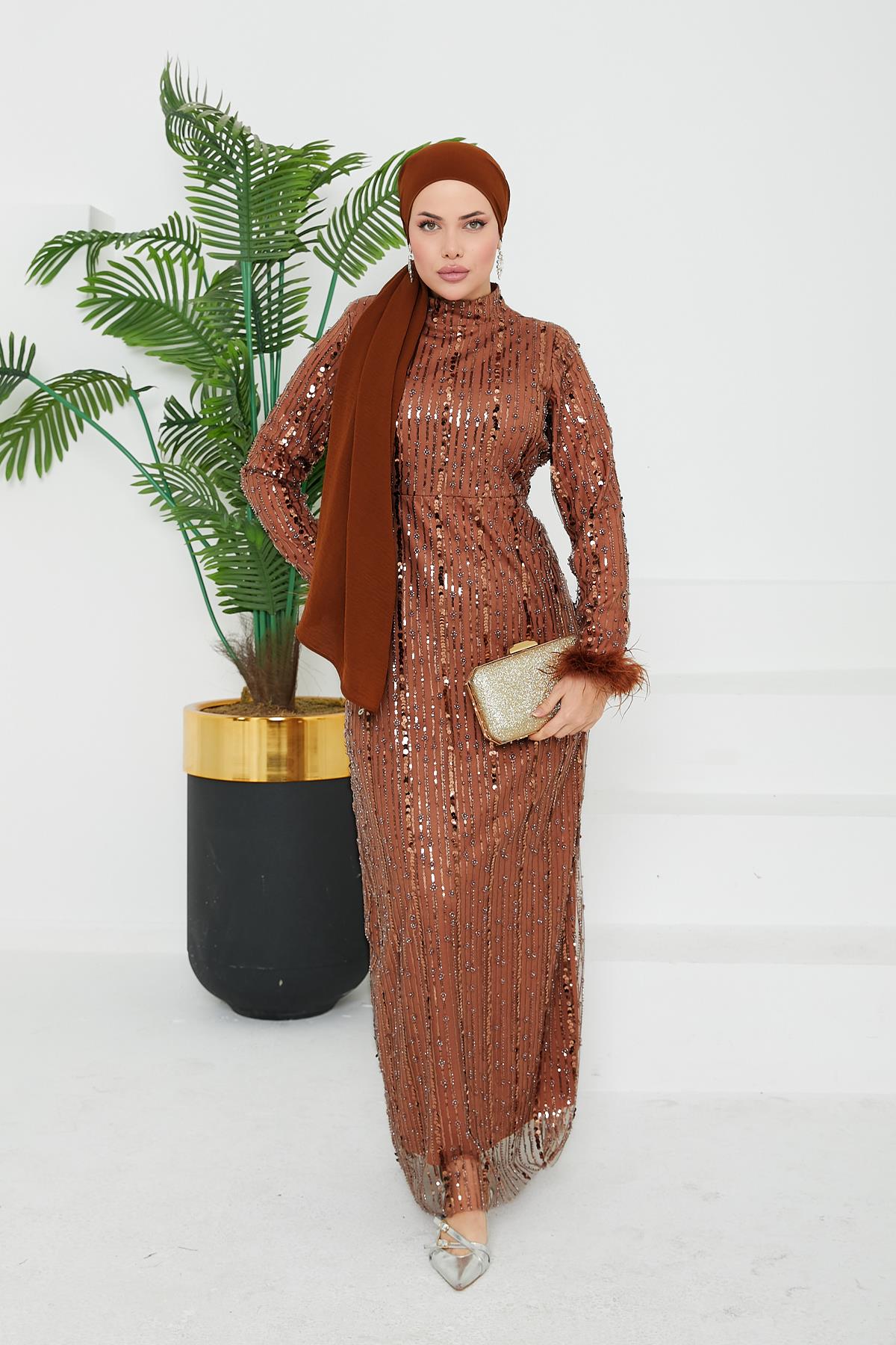 Tesettür Luana Boncuklu Abiye Bakır RengiLP6144