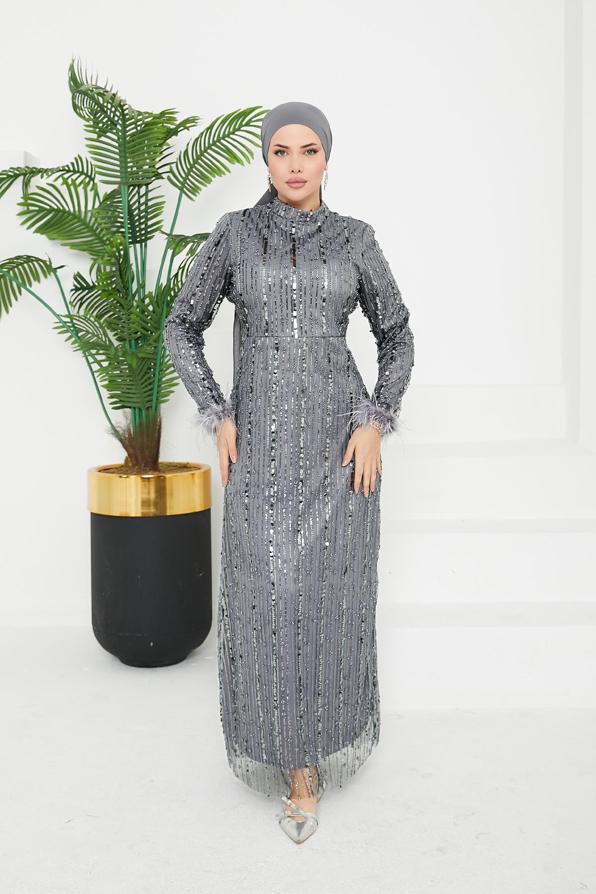 Tesettür Luana Boncuklu Abiye GümüşLP6144