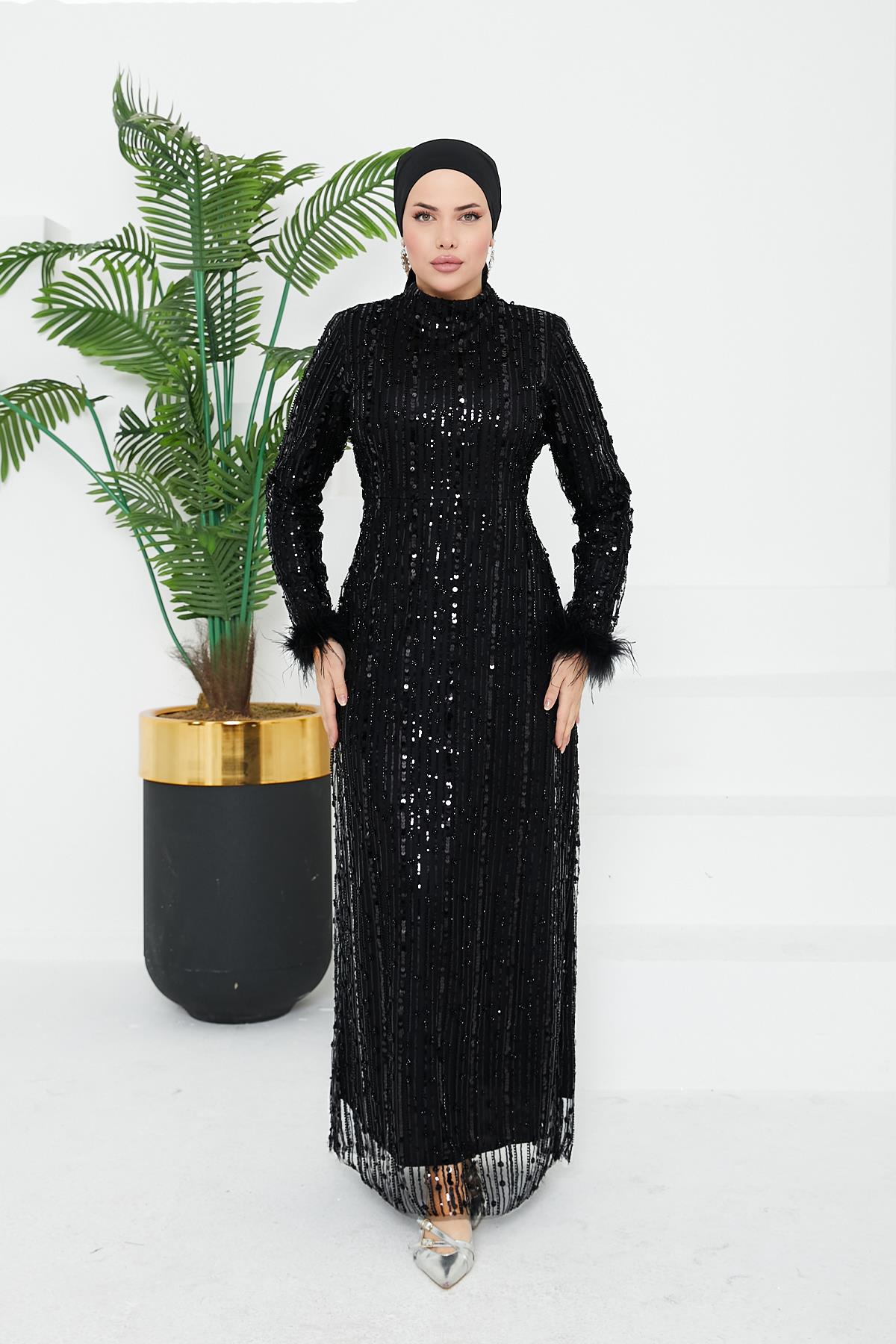 Tesettür Luana Boncuklu Abiye SiyahLP6144