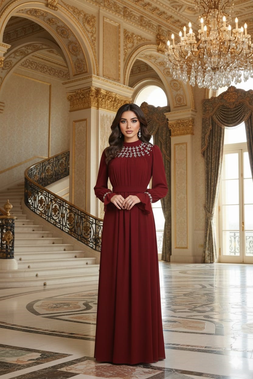 Tesettür Mahfiruz Şifon Abiye BordoLP6345-1