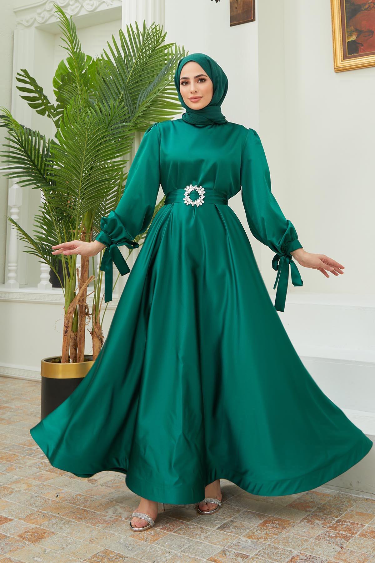 Hijab Cuff Laced Belt Stone Satin evening dress emerald greenHM4133-1